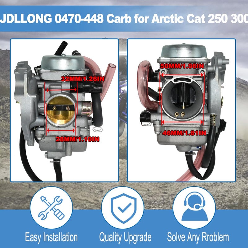 JDLLONG Carburetor Fit for Arctic Cat 250 300 2001 2002 2003 2004 2005 RED GREEN 2x4 4x4 Replace 0470-448 Carb Kit with Air Filter and Fuel Valve Petcock - Image 2
